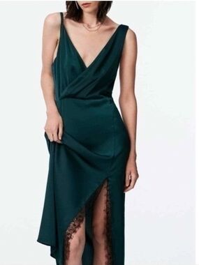 Zara Teal Satin Wrap High-Low Dress with Lace Trim